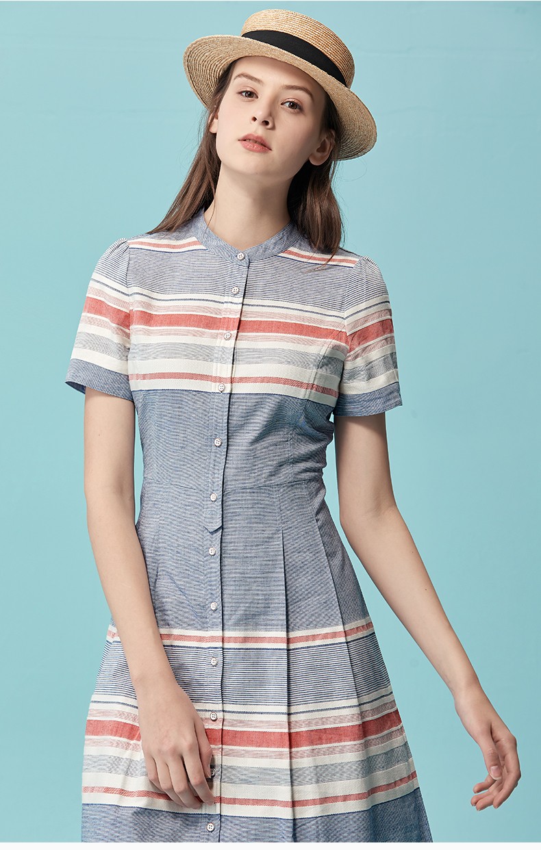 【商场同款】哈吉斯hazzys 女连衣裙条纹修身高腰淑女裙子aqwsc09bc