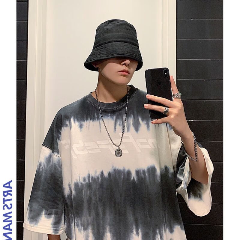 夏季渐变色短袖t恤男学生韩版宽松潮流扎染半袖上衣服男装扎染黑m码70