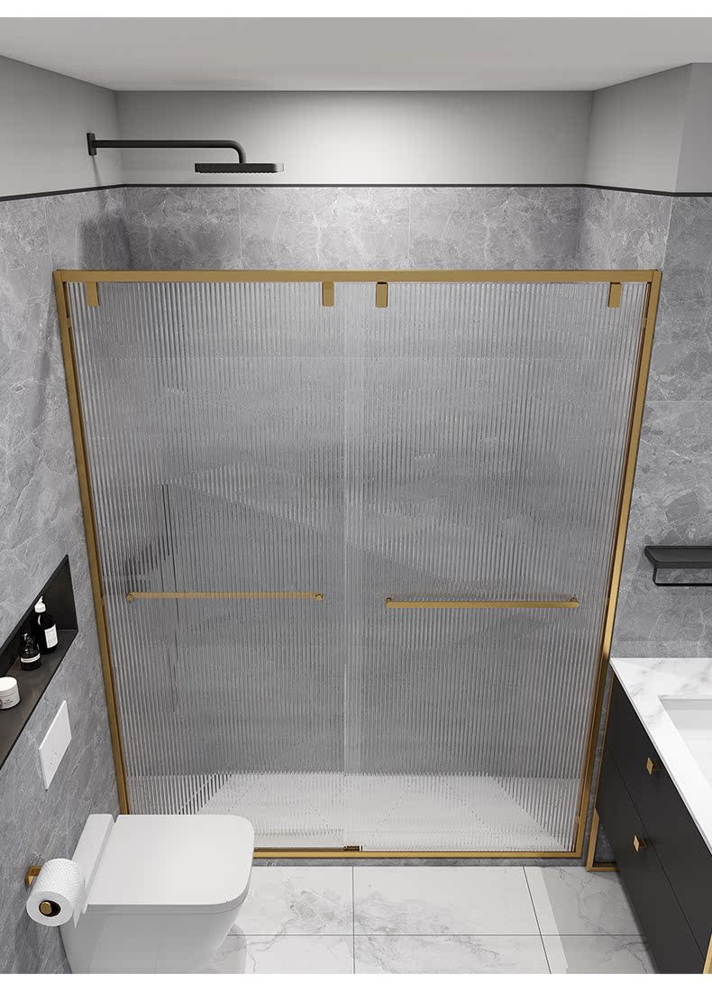 金色玻璃干湿分离淋浴房推拉门隔断浴室卫生间移门淋浴门洗澡房一体