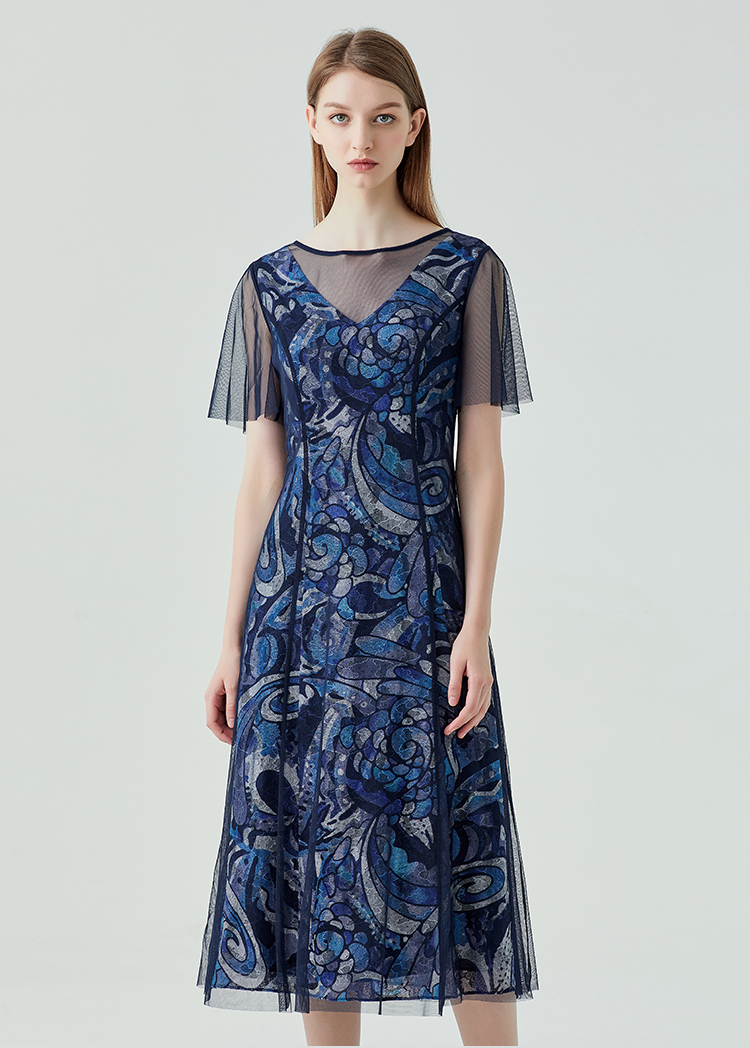 马天奴2020春夏新款蓝色v领网纱短袖中长款直筒印花连衣裙 蓝色 38/m