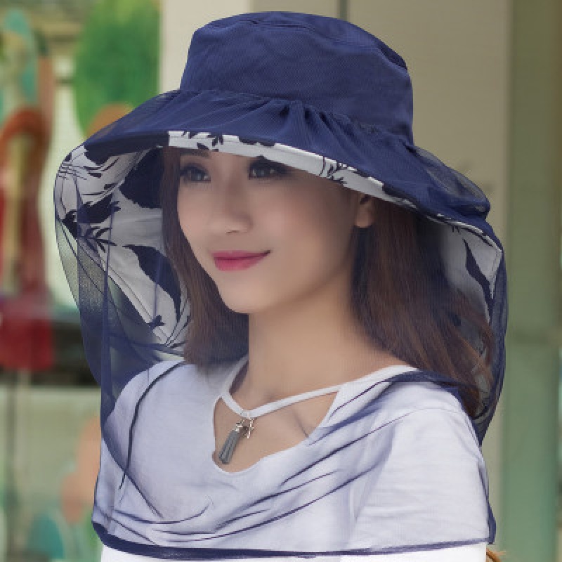 面纱帽太阳帽情侣晒帽遮脸护脖蚊虫可拆卸户外柳絮 网纱款 绿色 m(56