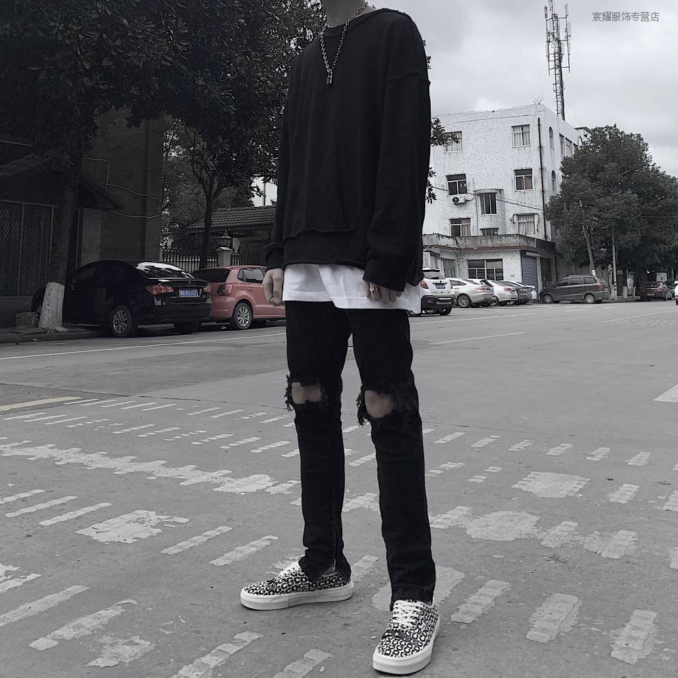 fog风格复古高街破洞牛仔裤长裤修身小脚牛仔裤男ins牛仔裤潮男 黑色