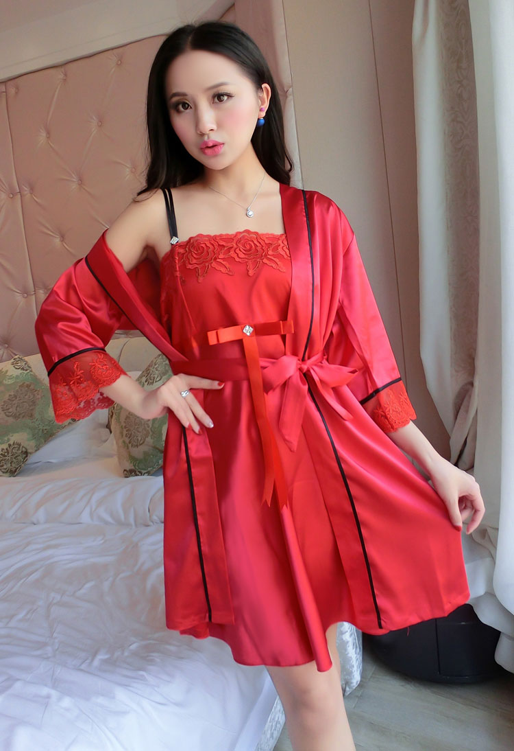 v领睡衣女春夏天睡裙性感长款冰丝绸两件冰丝聚拢小胸吊带两件套 sy两