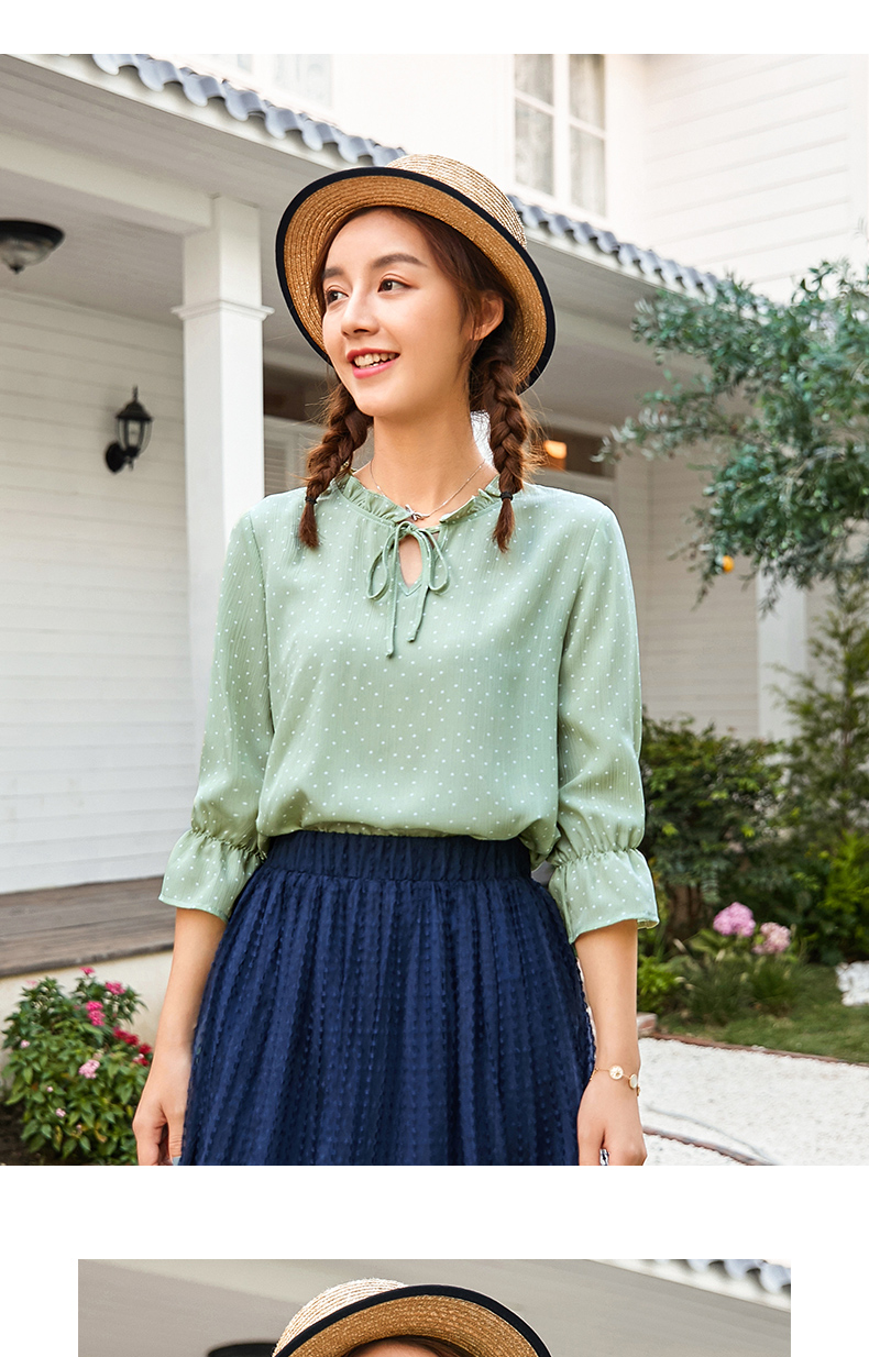 艾路丝婷七分袖雪纺衫女2020夏季新款韩版宽松系带木耳边波点上衣