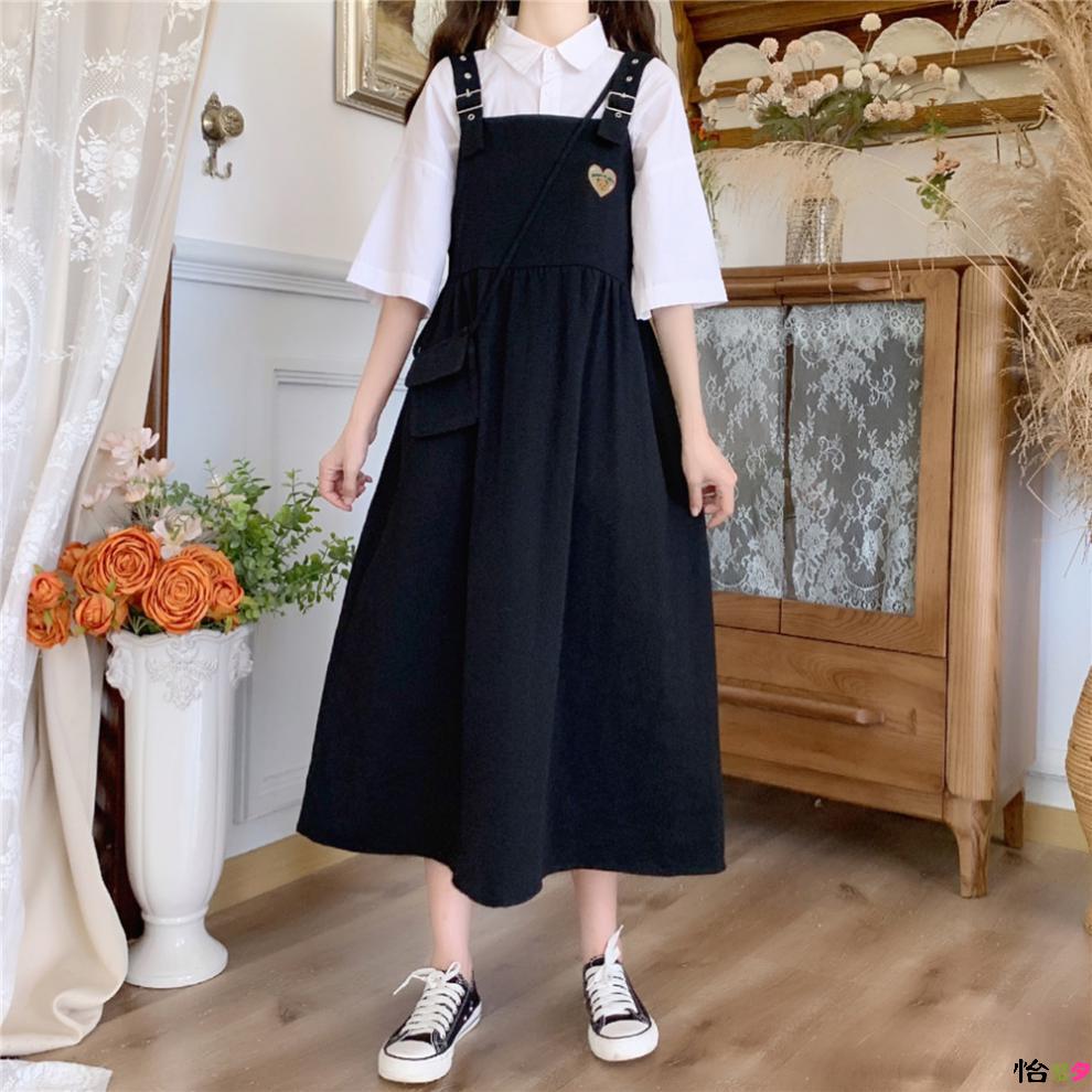 长裙韩版宽松少女中学生长款学院风可爱绣花连衣裙黑色背带裙配包包s