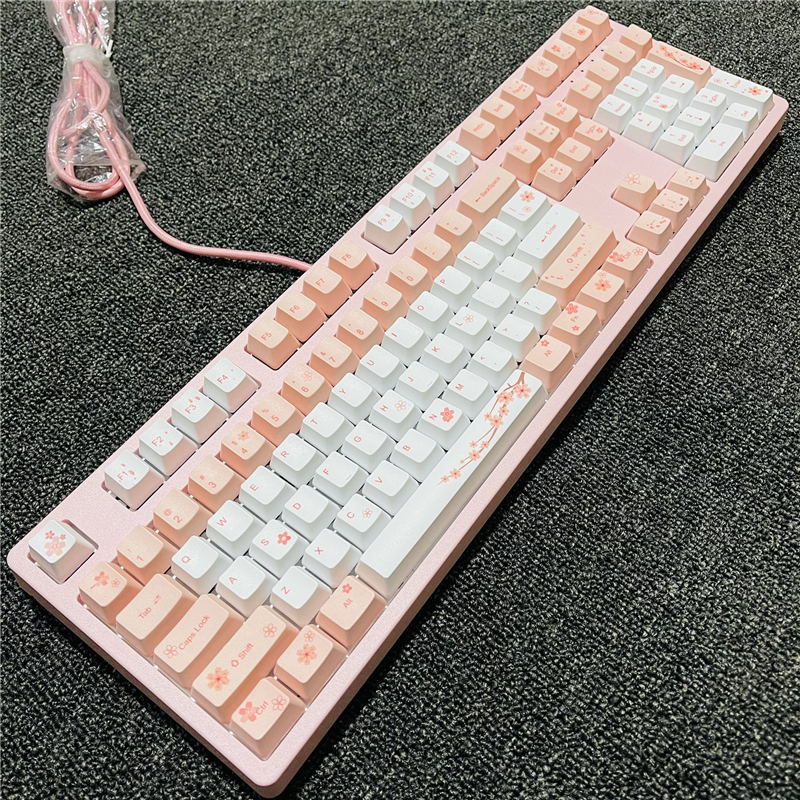 aucbug f108机械键盘淡粉渐变浸染女生pbt青轴rgb光樱花主题usb有线