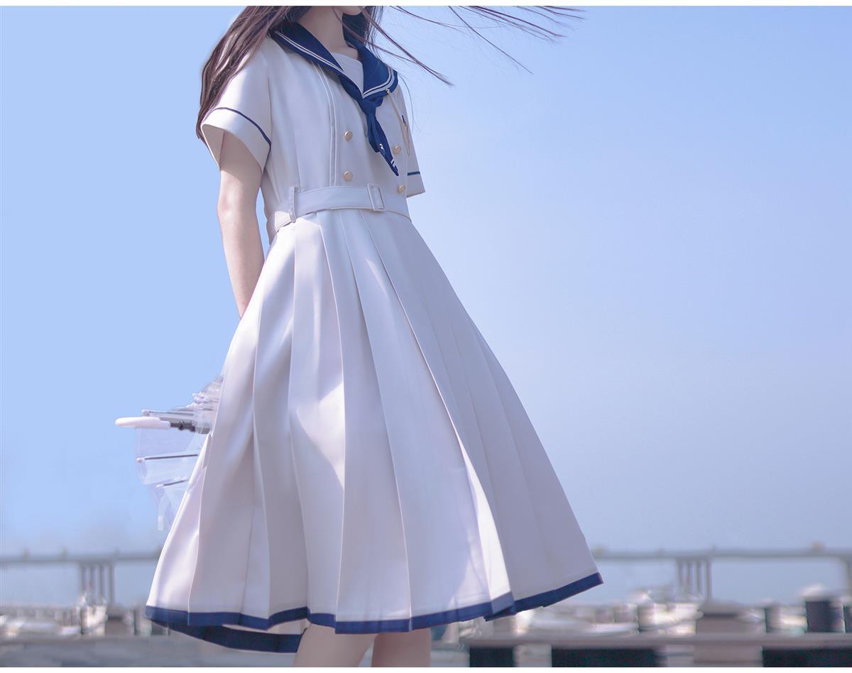 夏季新款日系jk水手服气质收腰显瘦连衣裙女学生中长款百褶a字裙可爱