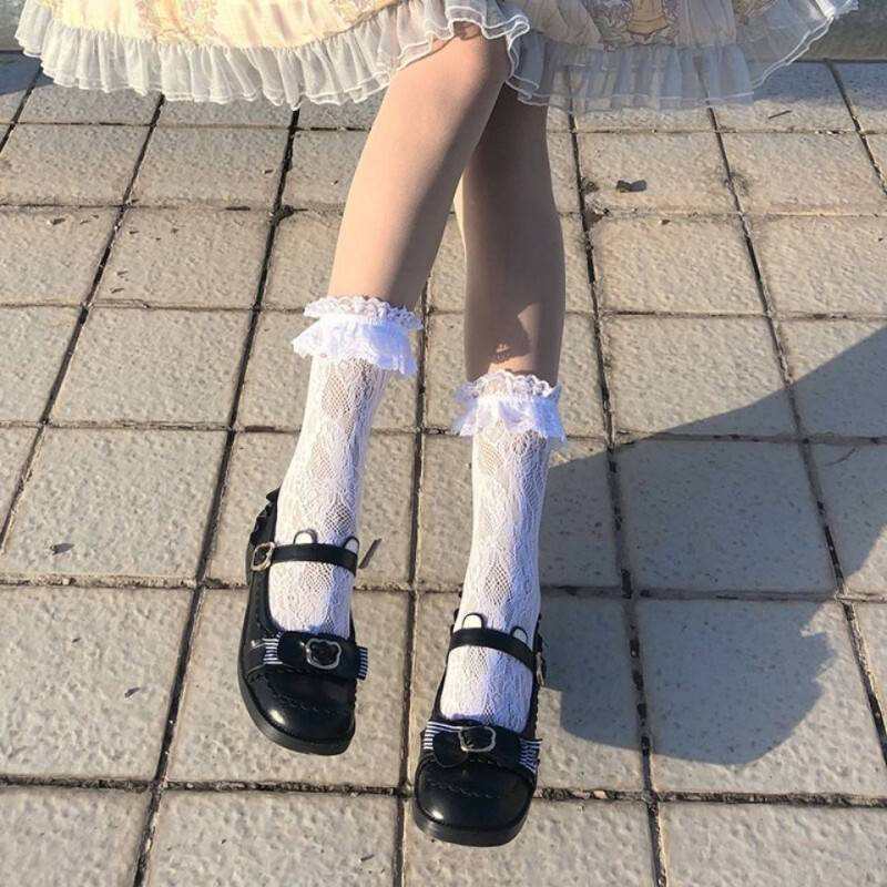 洛丽塔少女袜子lo娘袜子软妹日系长筒蕾丝花边过膝袜lolita白丝中筒