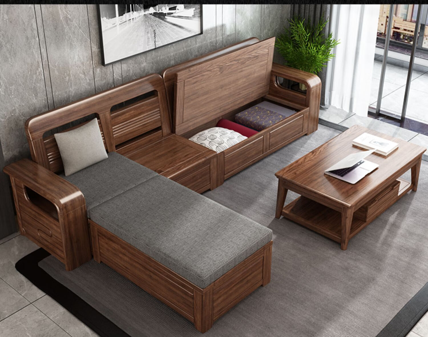 5折胡桃木实木沙发冬夏两用现代新中式家具客厅轻奢木质储物沙发组合