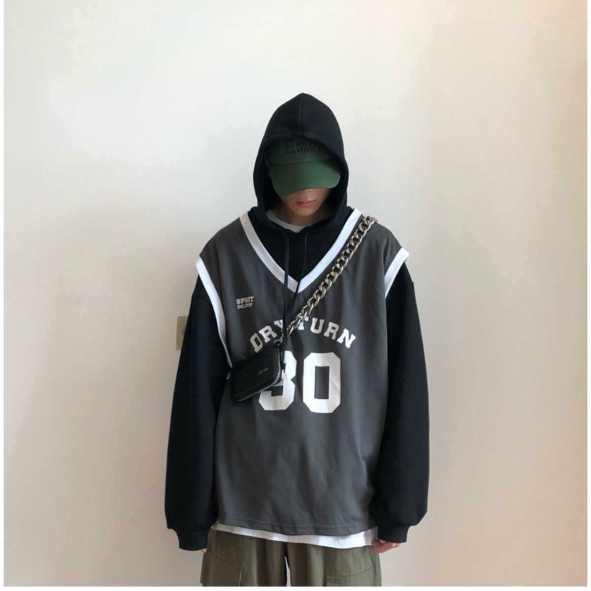 意型夏夏季无袖卫衣连帽背心男同款30号假两件球服卫衣男连帽ins潮牌