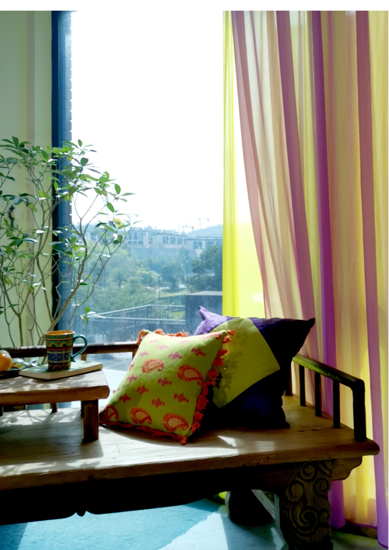 定制东南亚风情纯色双层纱阳台飘窗餐厅书房客厅雪纺纱双层窗帘 粉蓝