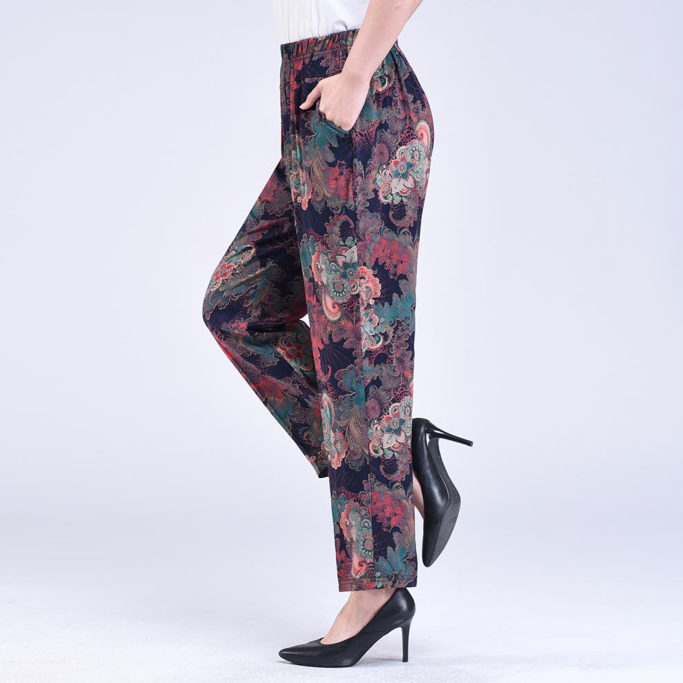 中老年女棉绸九分裤裤子夏薄款妈妈人造棉裤九分长裤宽松加肥加大绵绸