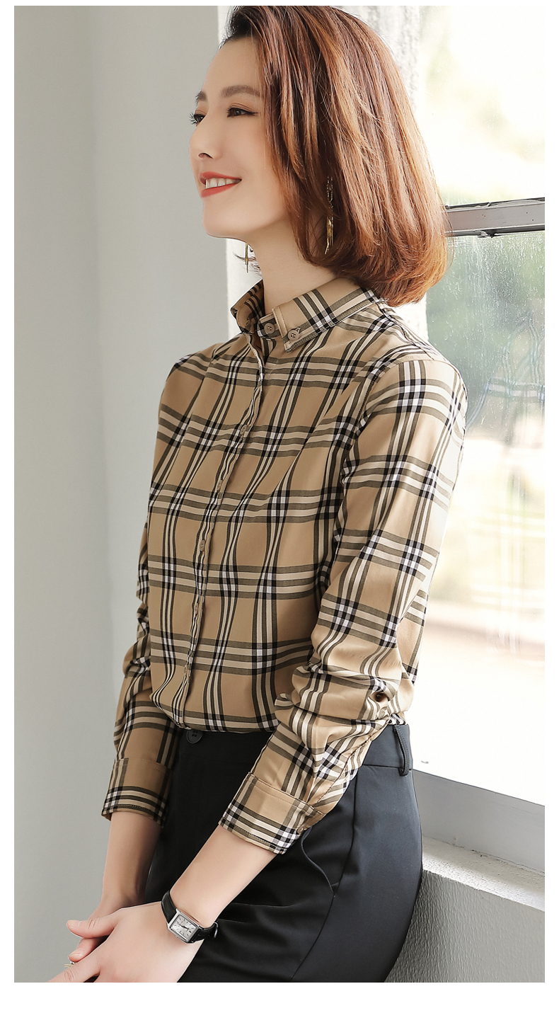 英伦小格子衬衫女长袖卡其色衬衣气质职业装新款休闲棉质经典上衣