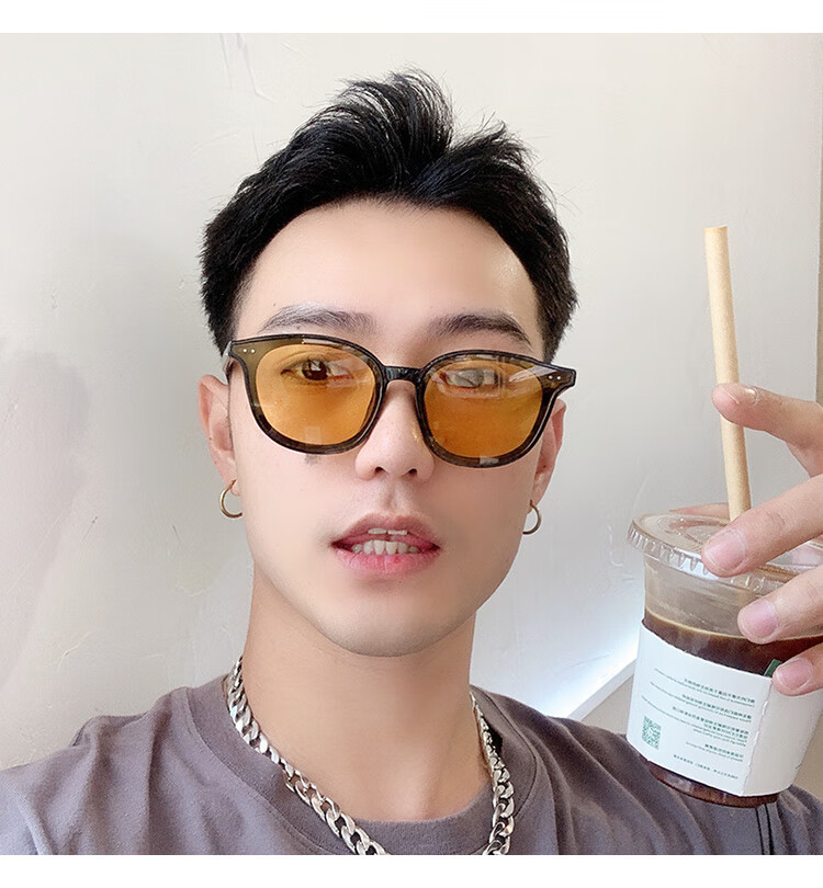 韩版明星lang橘黄色墨镜男女款复古防外线太阳镜潮网红眼镜显瘦 黑框