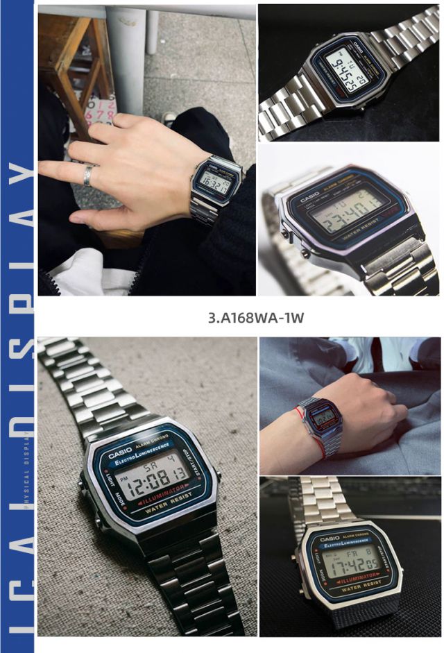 卡西欧手表小方块复古电子男表casio小银块方表a158w/a168/沙图 a159w