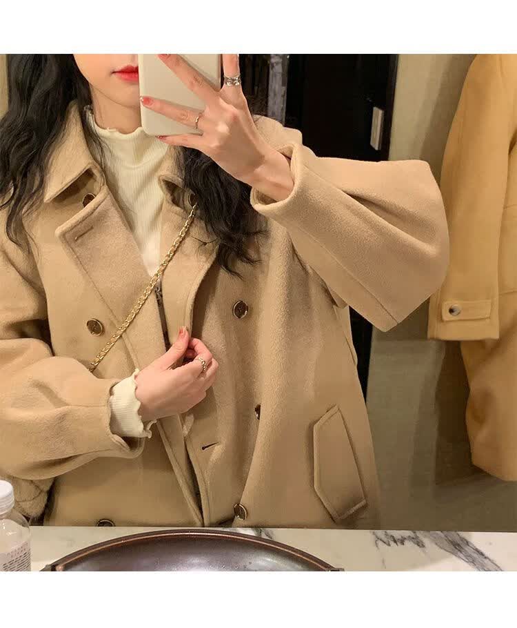 冬季新款学院风毛呢大衣女奶咖色甜美可爱宽松显瘦小个子毛呢外奶咖色