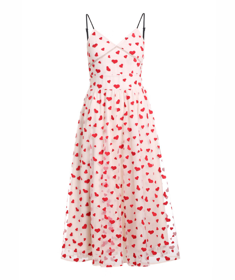 ochirly欧时力新款夏装心形刺绣收腰网纱长款吊带连衣裙女 黑色090 xs