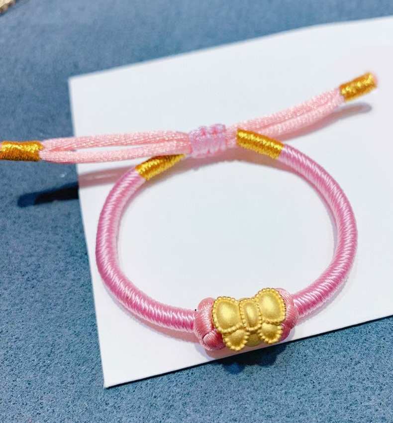 良伍 老凤凰蝴蝶结转运珠黄金手链女款999足金路路通金珠子编织宝宝手