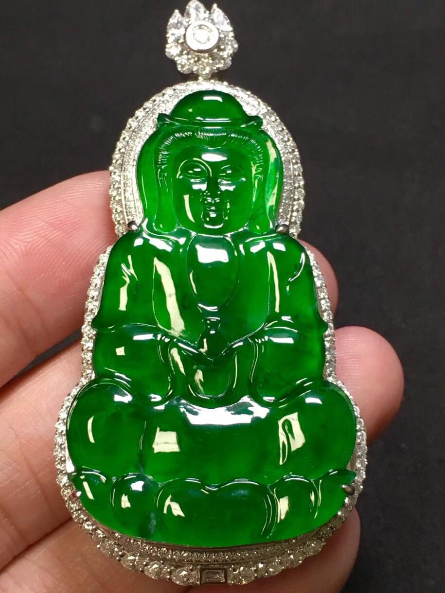 玉临门冰种起荧光满色阳绿翡翠吊坠缅甸a货观音佛公玉佩18k金镶嵌