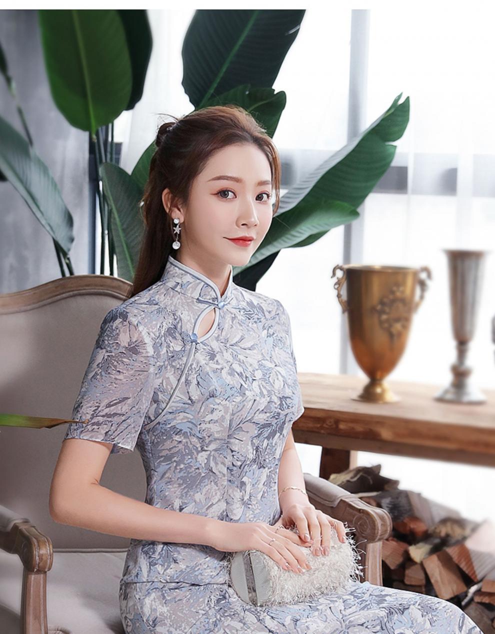 秀观唐花冉2020春装新款改良中长款古典修身短袖雪纺印花旗袍裙 花色