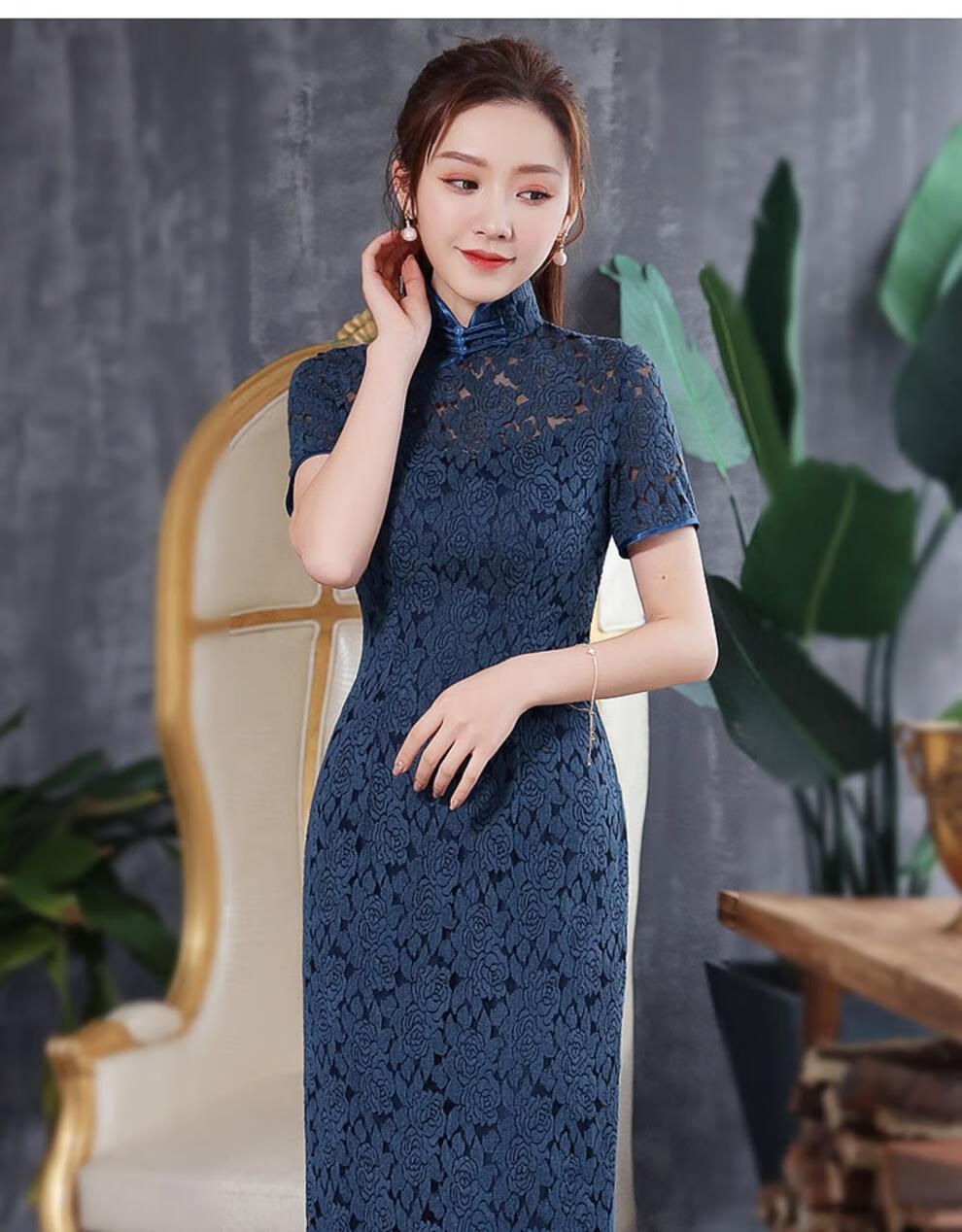 秀观唐雅香2020春夏新款高领弹力网布植绒改良典雅修身长款旗袍裙 湖