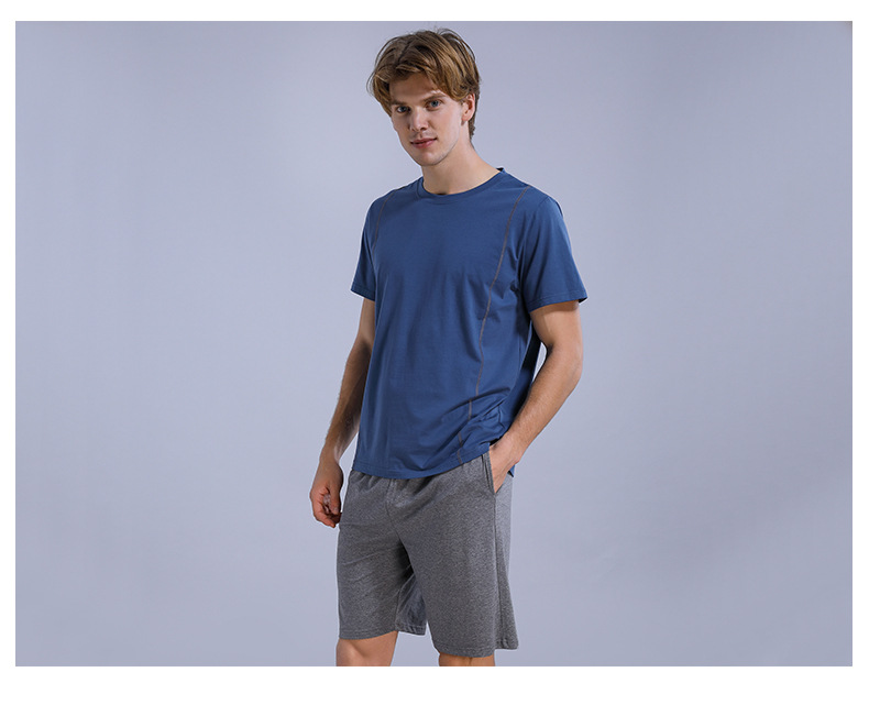 睡衣男生夏季薄纯棉男士大码短袖可外穿圆领纯色针织