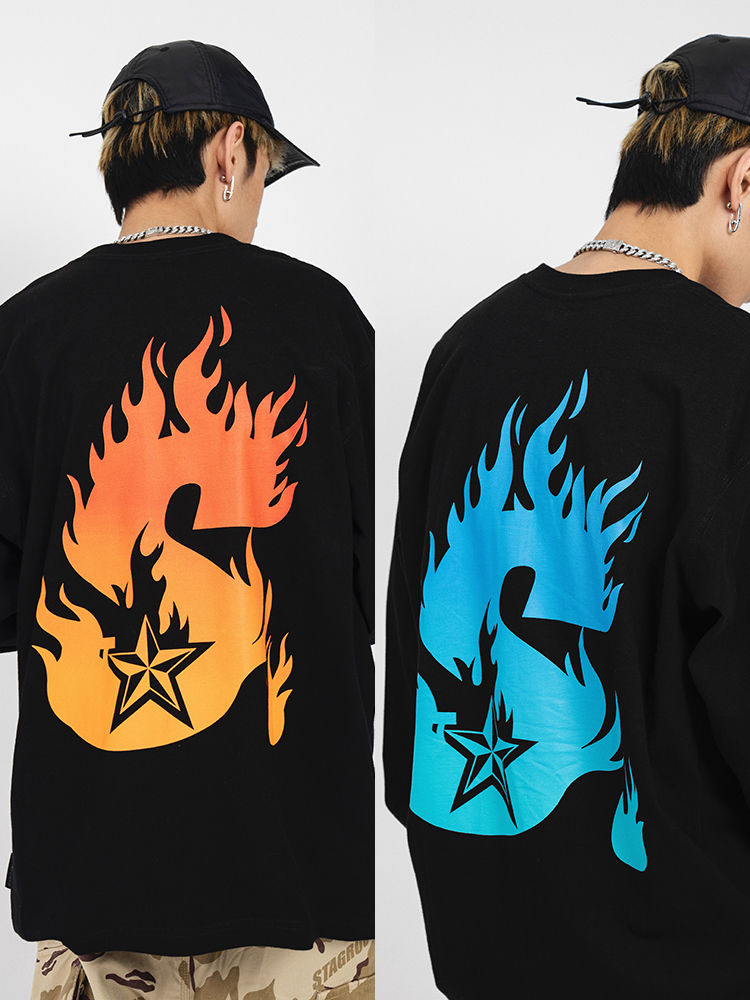 博盛sta潮牌秋冬s火焰星标渐变彩色圆领嘻哈街头宽松长袖ti恤男男女