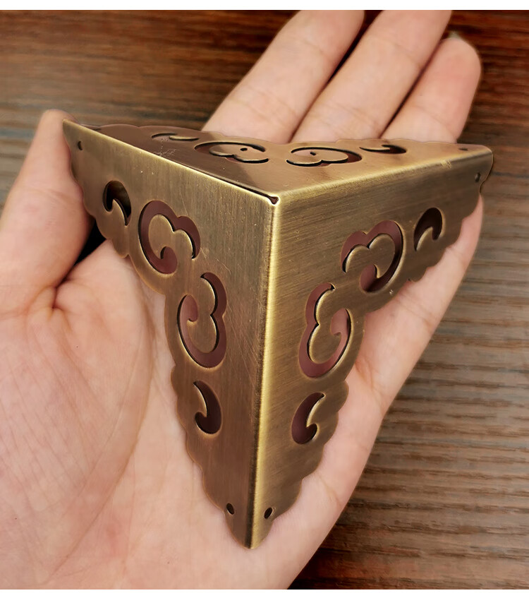 仿古黄铜包角铜护角中式家具铜配件三面樟木箱角花祥云镂空角码