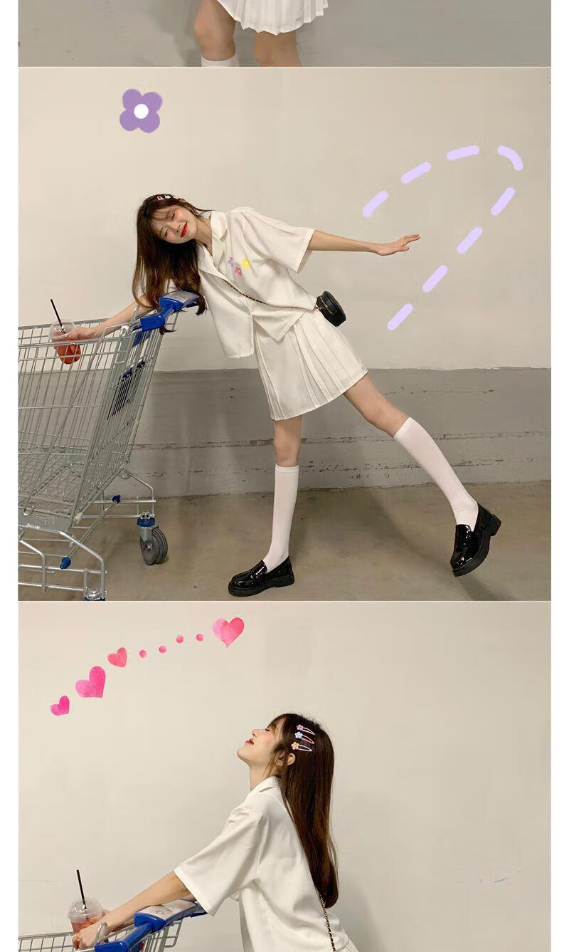 套装女新款泫雅风短袖印花衬衫百褶半身裙洋气学院风两件套 粉红色 s