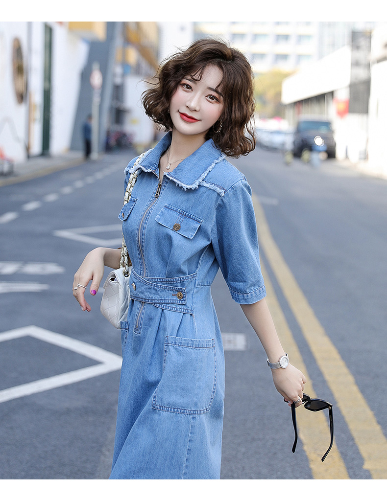 cuf 香港潮牌 牛仔连衣裙女装2020年春夏新款流行水蓝色五分袖气质