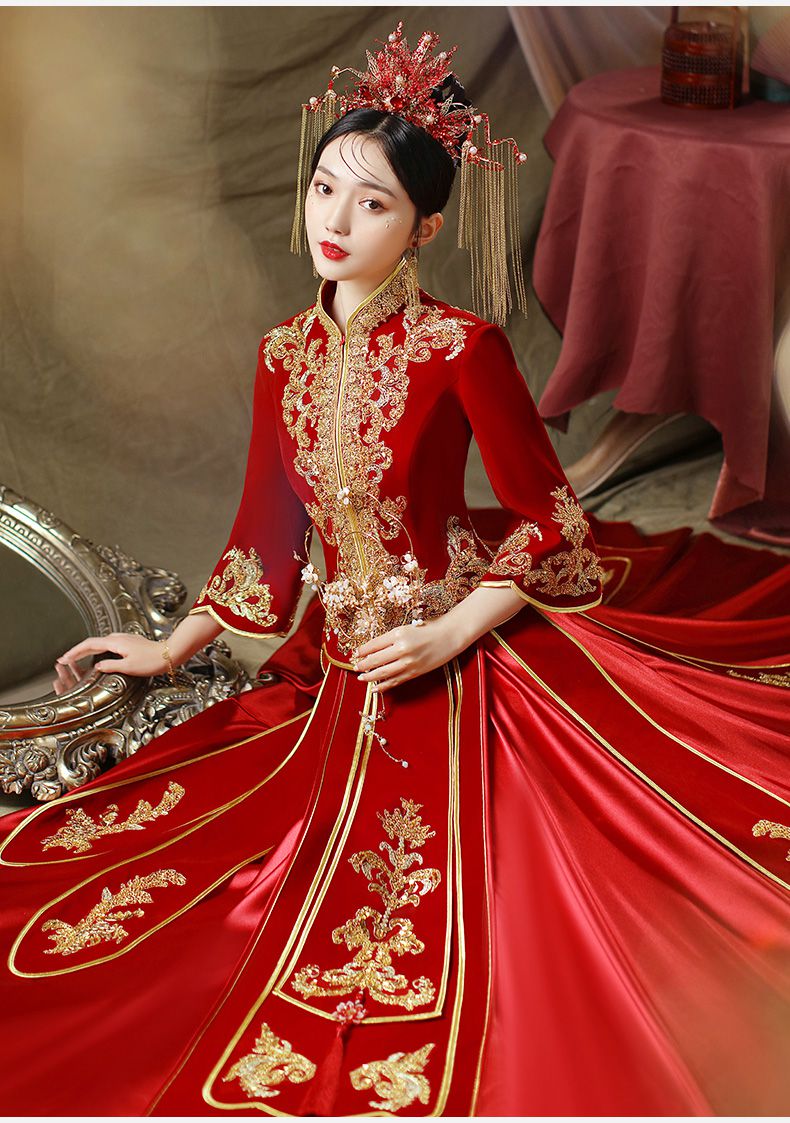 婚纱礼服中式丝绒秀禾服2022新款春夏结婚新娘礼服女婚纱中式嫁衣中国