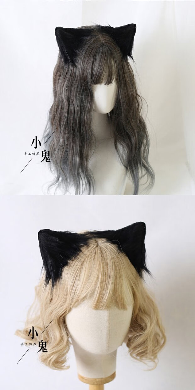 手作猫耳动物耳朵发夹ita仿真兽耳朵拍照猫佣发箍cos狼犬耳娘 全黑耳
