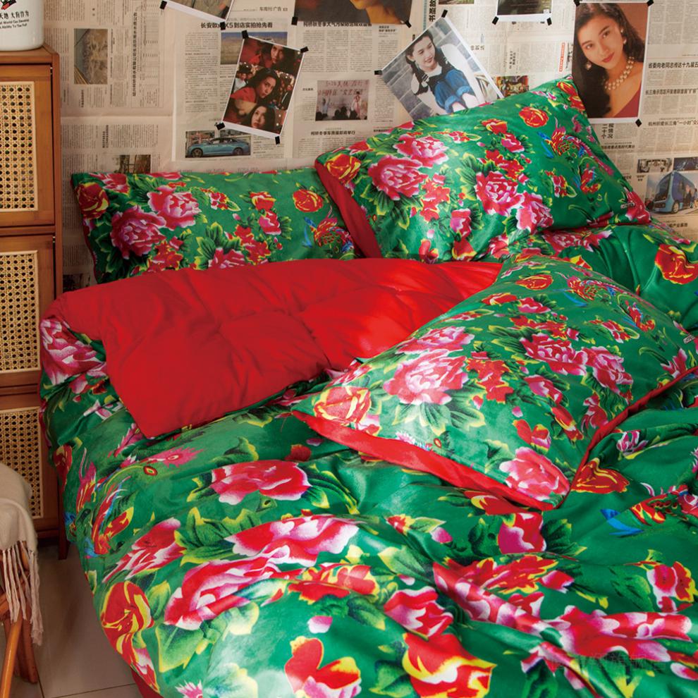 东北大花布四件套怀旧复古老式床单被套东北大花布四件套水晶绒加绒