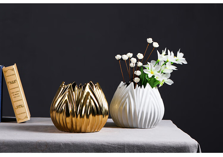 景德镇陶瓷花瓶电镀家居客厅 茶几摆件家具新中式软装工艺品 金色:高
