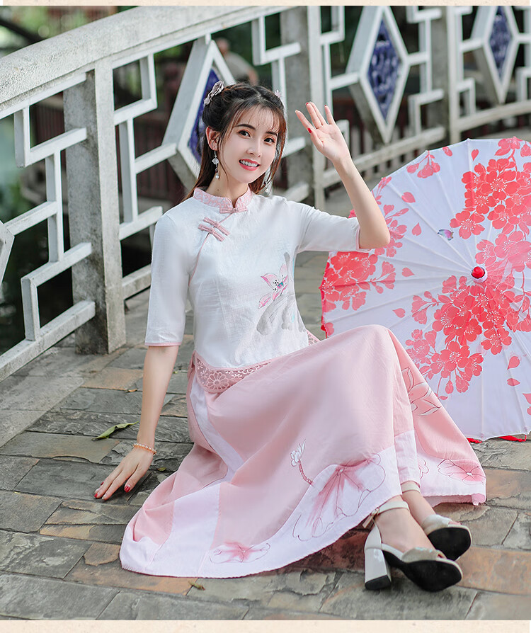 汉服女中国风古装学生旗袍上衣改良唐装两件套夏季超仙气飘逸古风