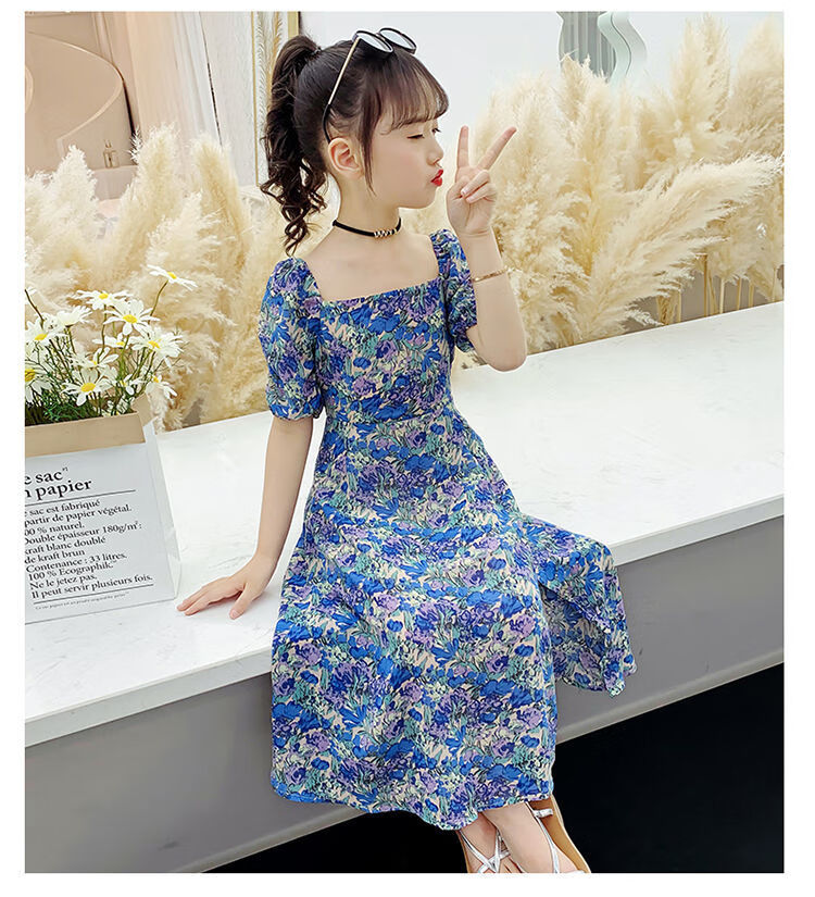 夏款裙薄款洋气碎花韩版儿童夏季女大童洋气雪纺时尚长裙浅紫色130