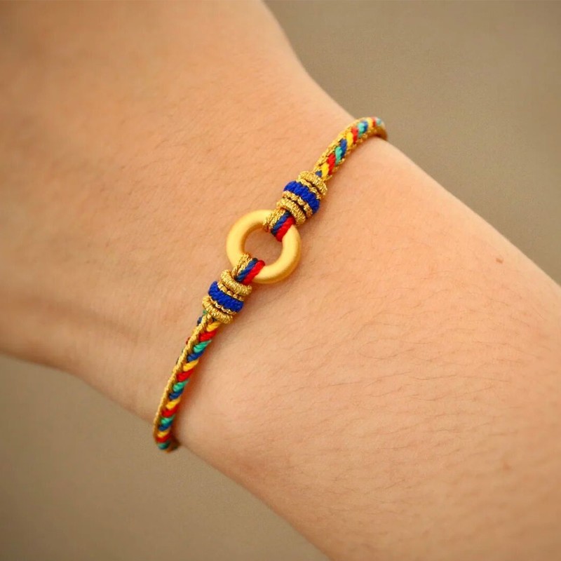 老凤凰黄金平安扣手链女足金平安扣五彩绳手链男女情侣款3硬编织手绳