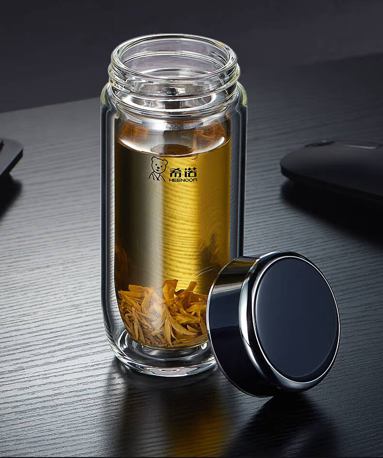 希诺(heenoor)双层玻璃杯银离子杯男女士商务泡茶杯纯钛滤网礼盒装