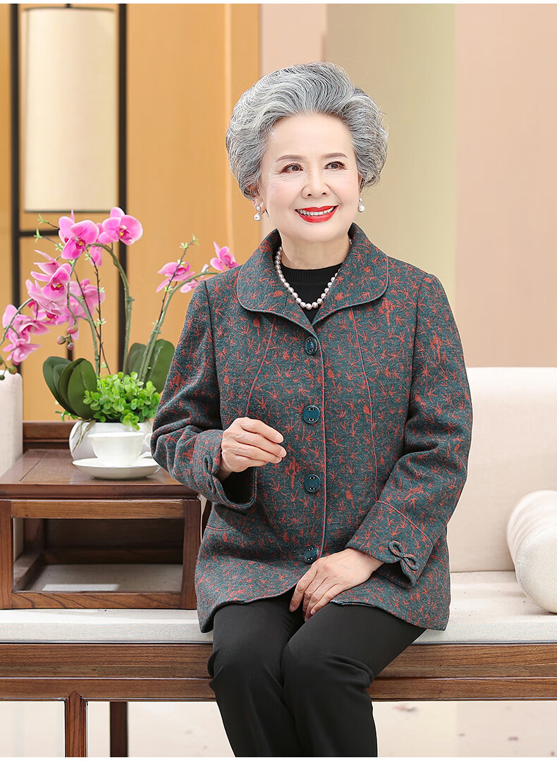 羊百吉母亲节老太太春装外套女奶奶装毛呢短款老人衣服老年人春秋大码