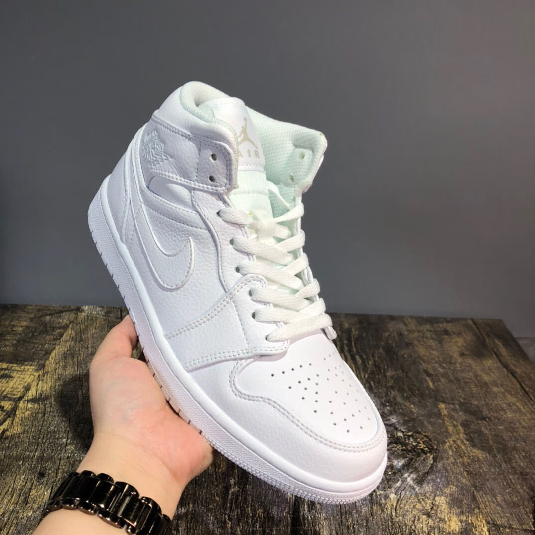 纯原男鞋乔1中帮鞋纯白aj潮流韩版板鞋校园运动鞋女鞋百搭时尚 纯白