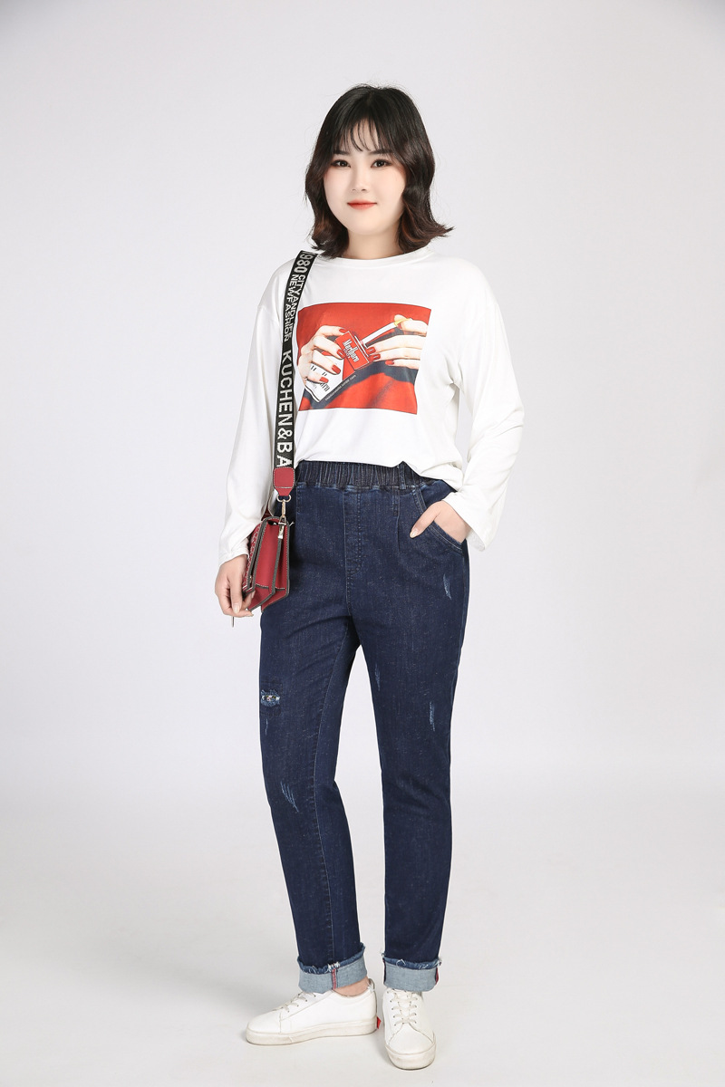 女装春款女士加肥高腰牛仔裤胖斤牛仔裤特大码女裤松紧腰长裤加大码