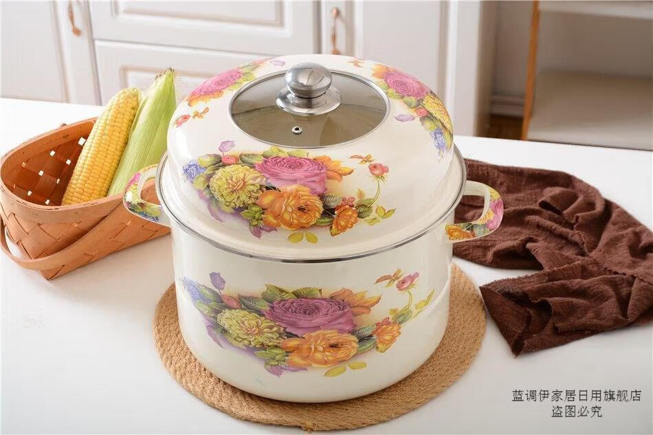 苏泊尓进口搪瓷蒸锅搪瓷家用双层大蒸锅汤锅炖锅蒸笼米缸大药锅蒸煮