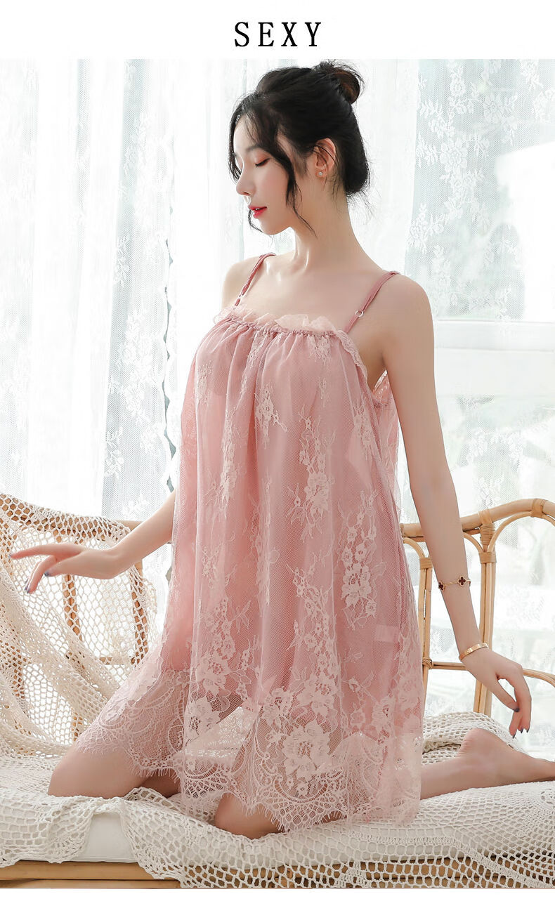 公主风吊带蕾丝大码睡裙女新款内衣极度诱惑情调家居睡衣套装绿色s
