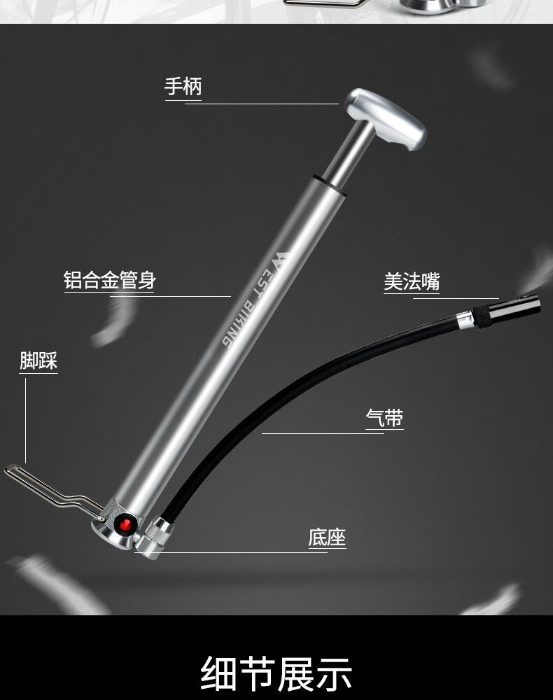 自行车打气筒高压迷你便携式家用充篮球美法嘴山地车单车装备配件银色