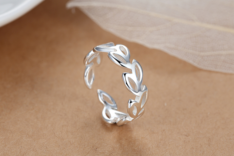 s树叶戒指女镀银戒指环 女性首饰饰品 简约尾戒开口戒指可调节大小