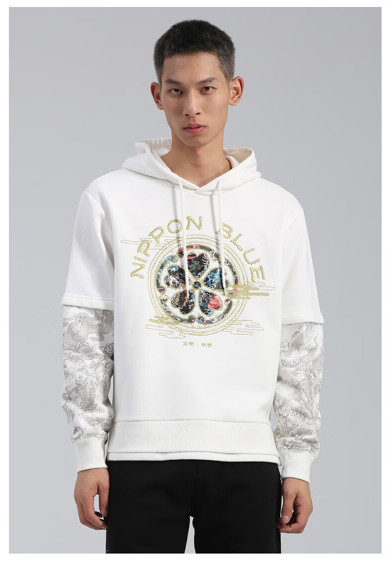 oniarai鬼洗21冬季新品泥棒蓝五轮假两件印绣花连帽套头卫衣男潮牌