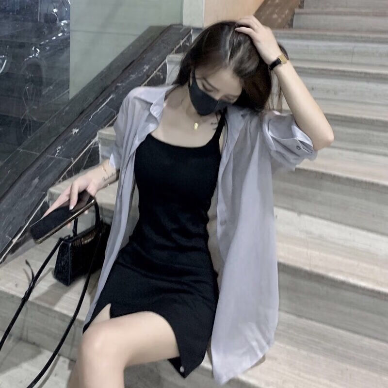 精选大码女装高冷御姐风吊带连衣裙套装女薄款防晒衬衫炸街裙子两件套
