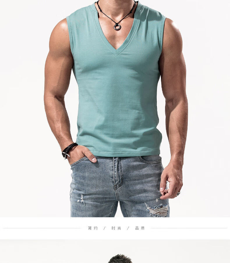 大v领背心男新款无袖t恤深v健身运动修身紧身砍袖潮男上衣夏季白色