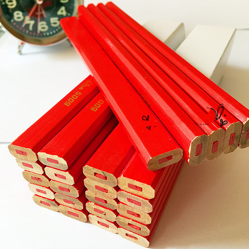 大个子木工铅笔粗芯红芯扁头黑色放线笔工地八角方形全红划线笔 30支