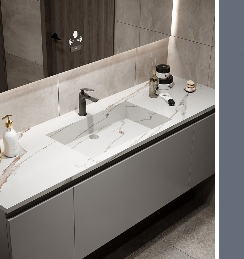 岩板一体盆浴室柜组合卫生间洗手台洗脸池智能镜13米岩板陶瓷盆智能镜